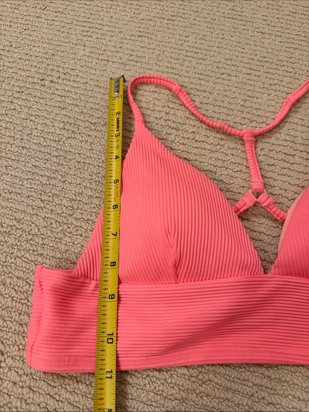 SO brand ribbed longline triangle bikini top in Coral Pink Size L Juniors - Picture 5 of 6